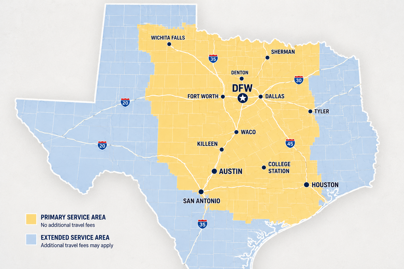 Texas service area map showing primary and extended coverage areas