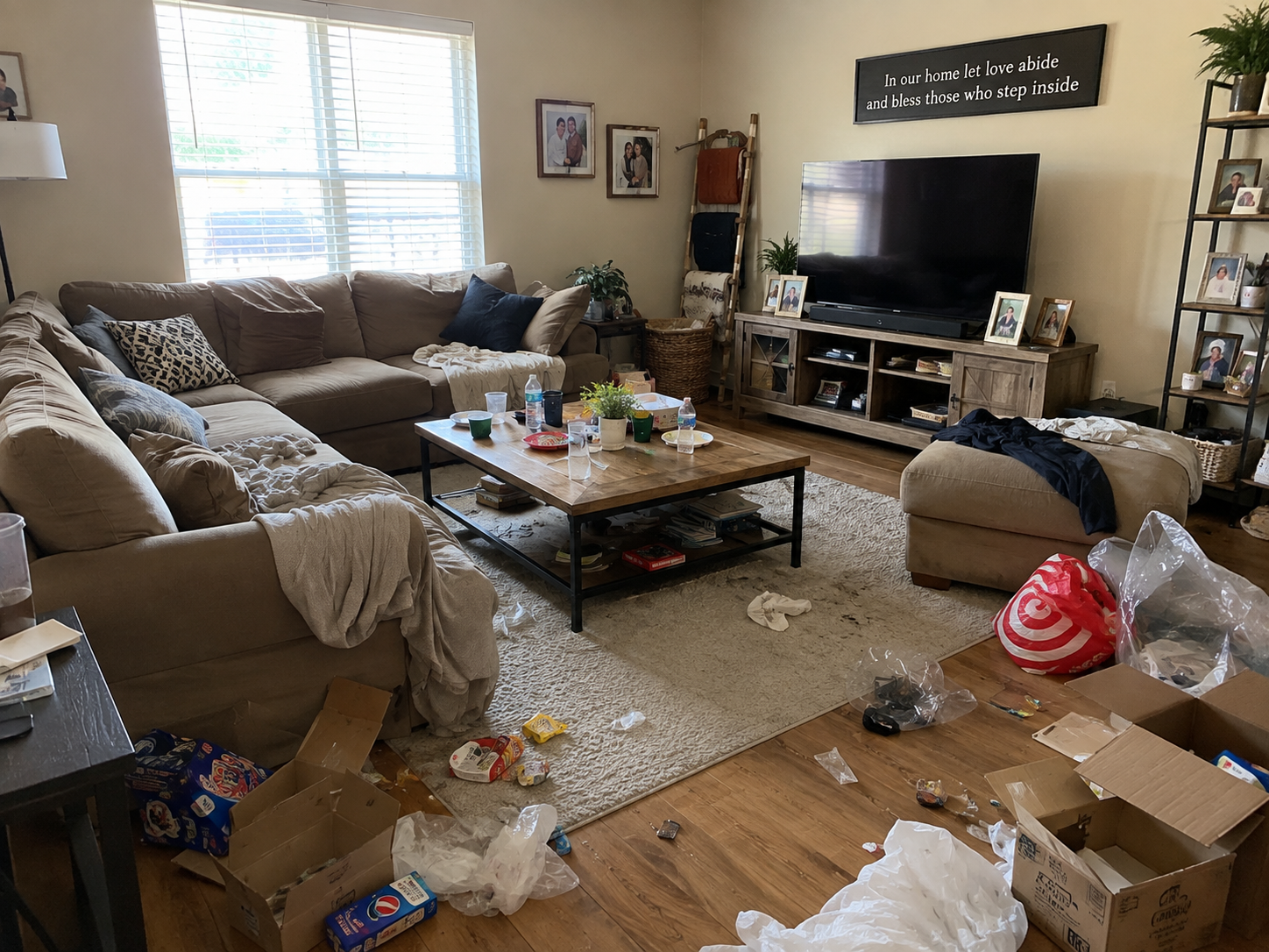 Cluttered living room before a property cleanout